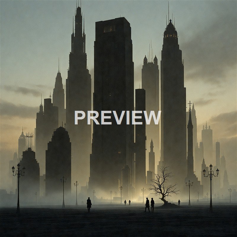 A cityscape featuring tall, dark skyscrapers shrouded in fog with a few silhouetted people walking near a leafless tree and vintage street lamps in the foreground.